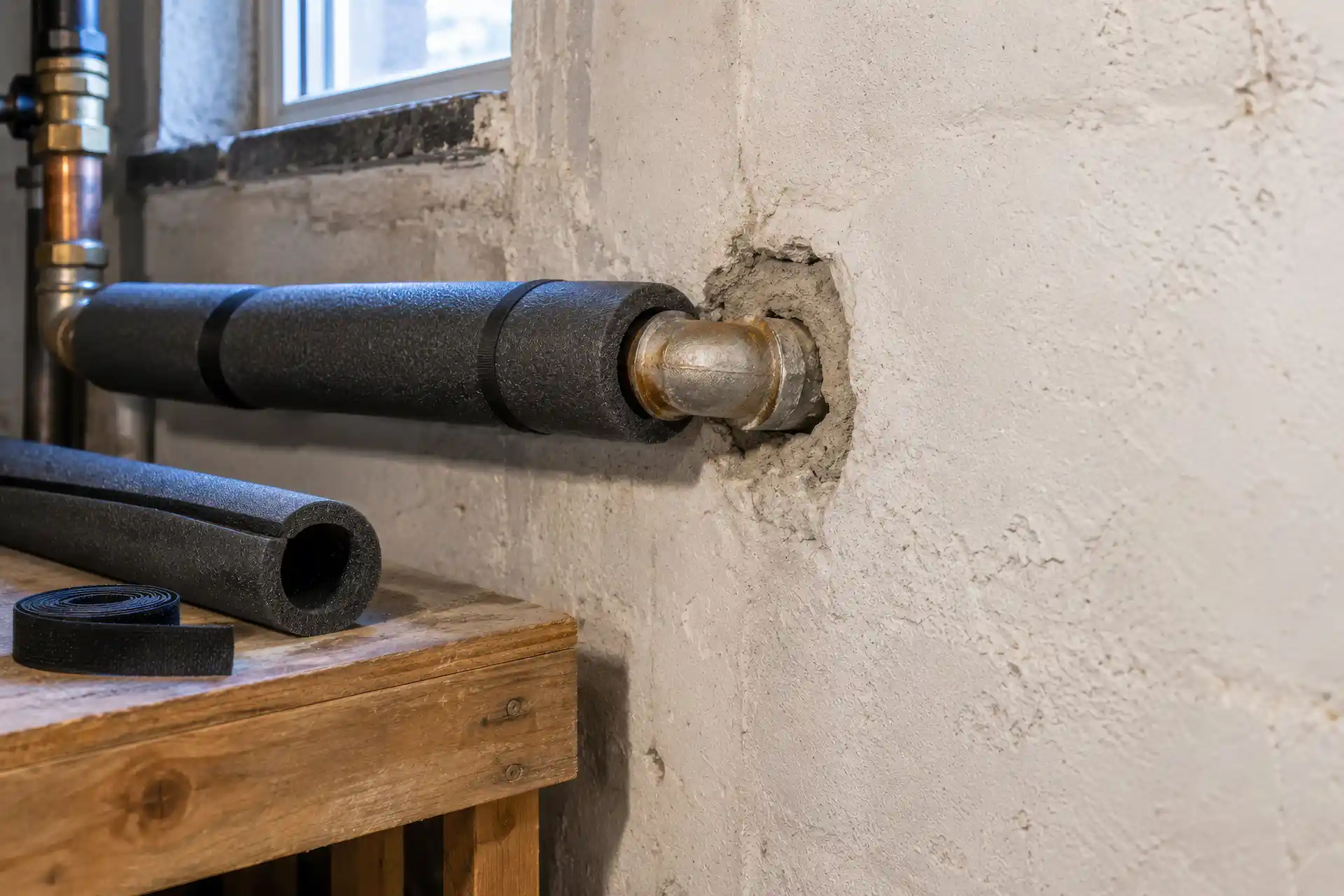 weather proofed pipes by a cold window